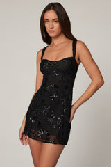 Embellished A-line Mini Dress in Black
