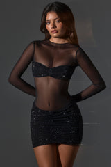 Sheer Embellished High-Neck Long Sleeve Mini Dress in Black