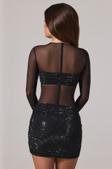 Sheer Embellished High-Neck Long Sleeve Mini Dress in Black