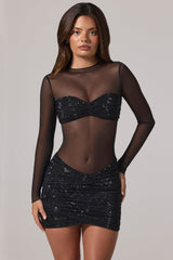 Sheer Embellished High-Neck Long Sleeve Mini Dress in Black