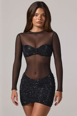 Sheer Embellished High-Neck Long Sleeve Mini Dress in Black