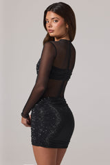 Sheer Embellished High-Neck Long Sleeve Mini Dress in Black