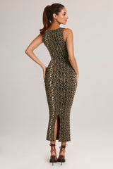 Modal Square-Neck Bodycon Midi Dress in Leopard Print