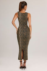 Modal Square-Neck Bodycon Midi Dress in Leopard Print