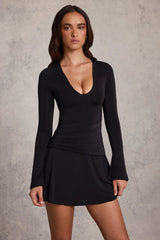 Soft Jersey Scoop-Neck Flared Mini Dress in Black
