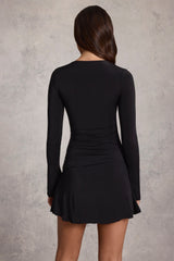 Soft Jersey Scoop-Neck Flared Mini Dress in Black