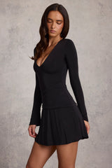 Soft Jersey Scoop-Neck Flared Mini Dress in Black