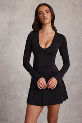 Soft Jersey Scoop-Neck Flared Mini Dress in Black