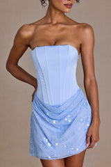 Premium Satin Embellished Skirt Mini Dress in Sky Blue