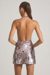 Sequin-Embellished Halterneck Mini Dress in Silver