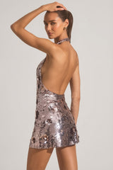Sequin-Embellished Halterneck Mini Dress in Silver