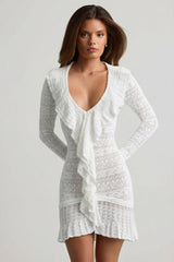 Ruffle-Trim Pointelle-Knit Mini Dress in White