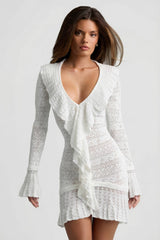 Ruffle-Trim Pointelle-Knit Mini Dress in White