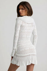 Ruffle-Trim Pointelle-Knit Mini Dress in White