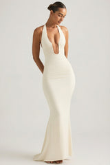 Ruched Backless Halterneck Gown in Ivory