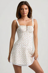 Lace-Up Cotton-Poplin Mini Dress in Rose Print