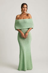 Bouclé Off-Shoulder Maxi Dress in Mint