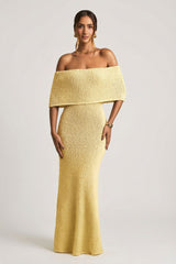 Bouclé Off-Shoulder Maxi Dress in Yellow