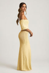 Bouclé Off-Shoulder Maxi Dress in Yellow