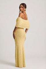 Bouclé Off-Shoulder Maxi Dress in Yellow
