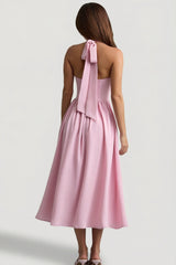 Button-Detail Halterneck Midaxi Dress in Soft Pink