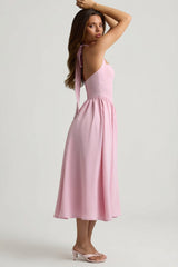 Button-Detail Halterneck Midaxi Dress in Soft Pink