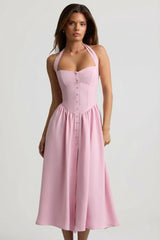 Button-Detail Halterneck Midaxi Dress in Soft Pink