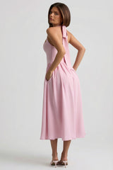Button-Detail Halterneck Midaxi Dress in Soft Pink