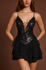 Embellished Lace-Up Ruffle Mini Dress in Black Zebra