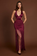 Fringed Plunge-Neck Maxi Dress in Wine Red