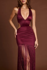 Fringed Plunge-Neck Maxi Dress in Wine Red