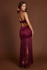 Fringed Plunge-Neck Maxi Dress in Wine Red