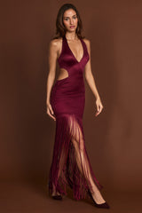 Fringed Plunge-Neck Maxi Dress in Wine Red