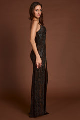 Embellished Peekaboo Cowl-Neck Dress in Brown Snake