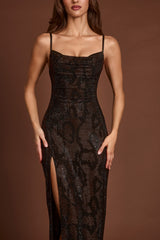 Embellished Peekaboo Cowl-Neck Dress in Brown Snake