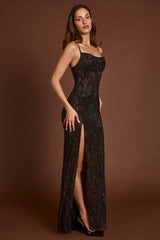 Embellished Peekaboo Cowl-Neck Dress in Brown Snake