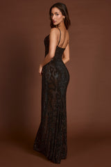 Embellished Peekaboo Cowl-Neck Dress in Brown Snake