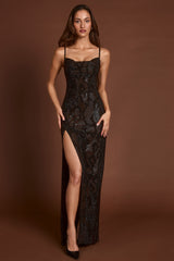 Embellished Peekaboo Cowl-Neck Dress in Brown Snake