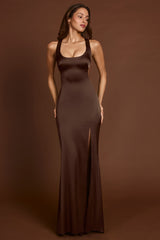 Scoop-Neck Lace-up Back Maxi Dress in Chocolate Brown