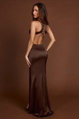 Scoop-Neck Lace-up Back Maxi Dress in Chocolate Brown