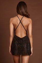 Embellished Halterneck Cowl A-line Mini Dress in Brown Snake