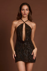 Embellished Halterneck Cowl A-line Mini Dress in Brown Snake